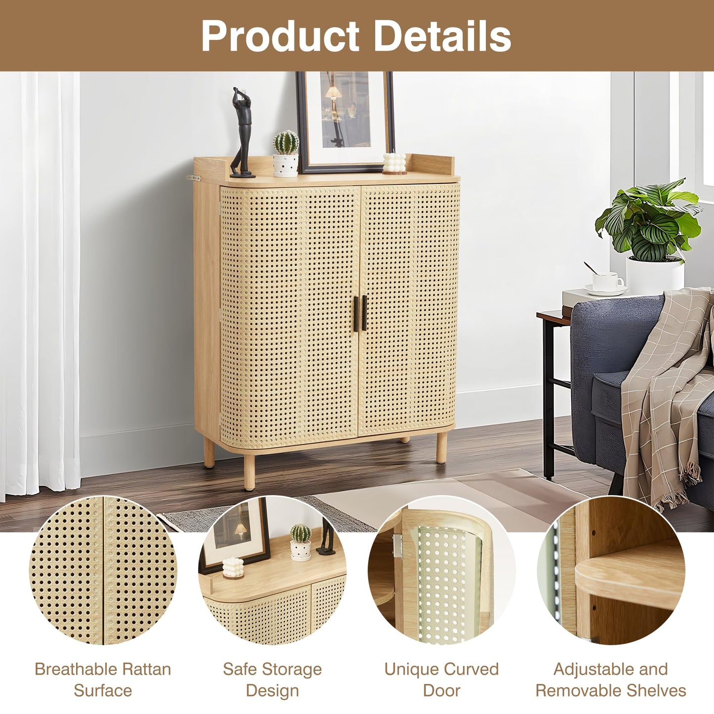ORRD Shoe Cabinet, 5 Tier Boho Wooden Shoe Storage Organizer Cabinet with Adjustable Shelves, Shoes Rack with Iron Rattan Curved Doors Accent Cabinet for Entryway Hallway Living Room, Natural