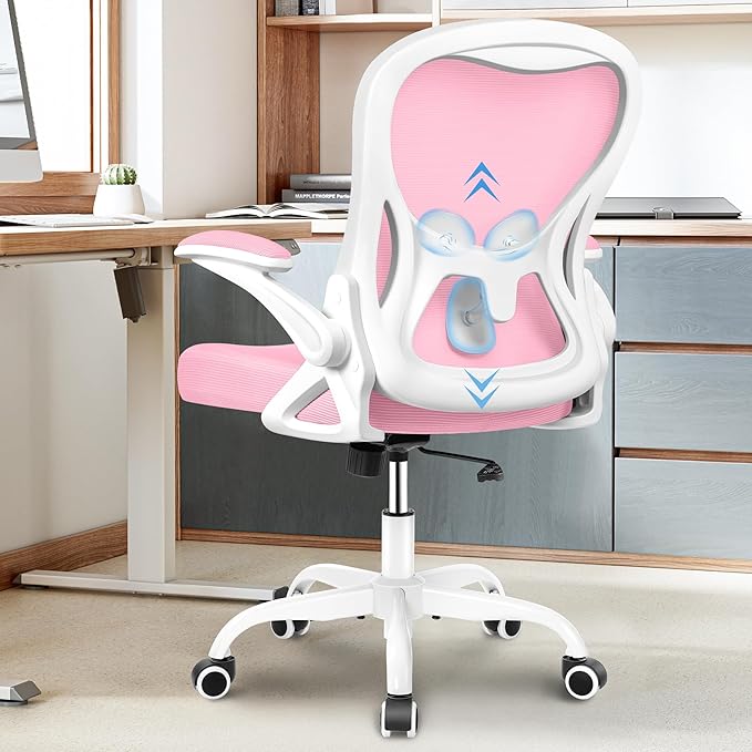 Winrise Ergonomic Office Chair, Mesh Desk Chair with Adjustable Lumbar Support, Flip-Up Armrests, Mid-Back Computer Swivel Task Rolling Chair, Pink