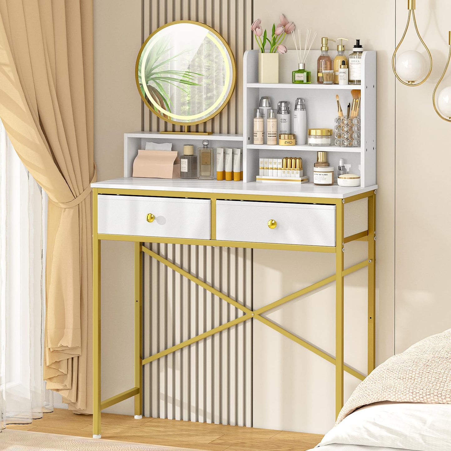 Makeup Vanity Desk No Mirror for Bedroom, Vanity Table Set with 2 Drawer and Open Storage Shelves, Small Vanity for Small Spaces, White and Gold, 31.5in(L)