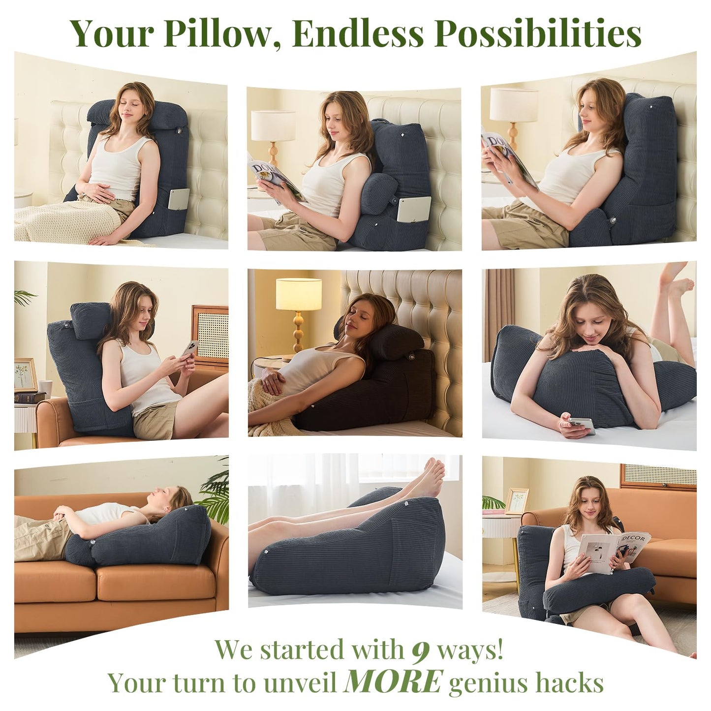 Sasttie Wedge Pillow Set, 2PCS Reading Pillow for Sitting, Bed Wedge Pillow Headborad for Sleeping, After Surgery, Acid Reflux, Leg and Back Support, with Neck Cushion, 23"x11.5"x23", Dark Grey