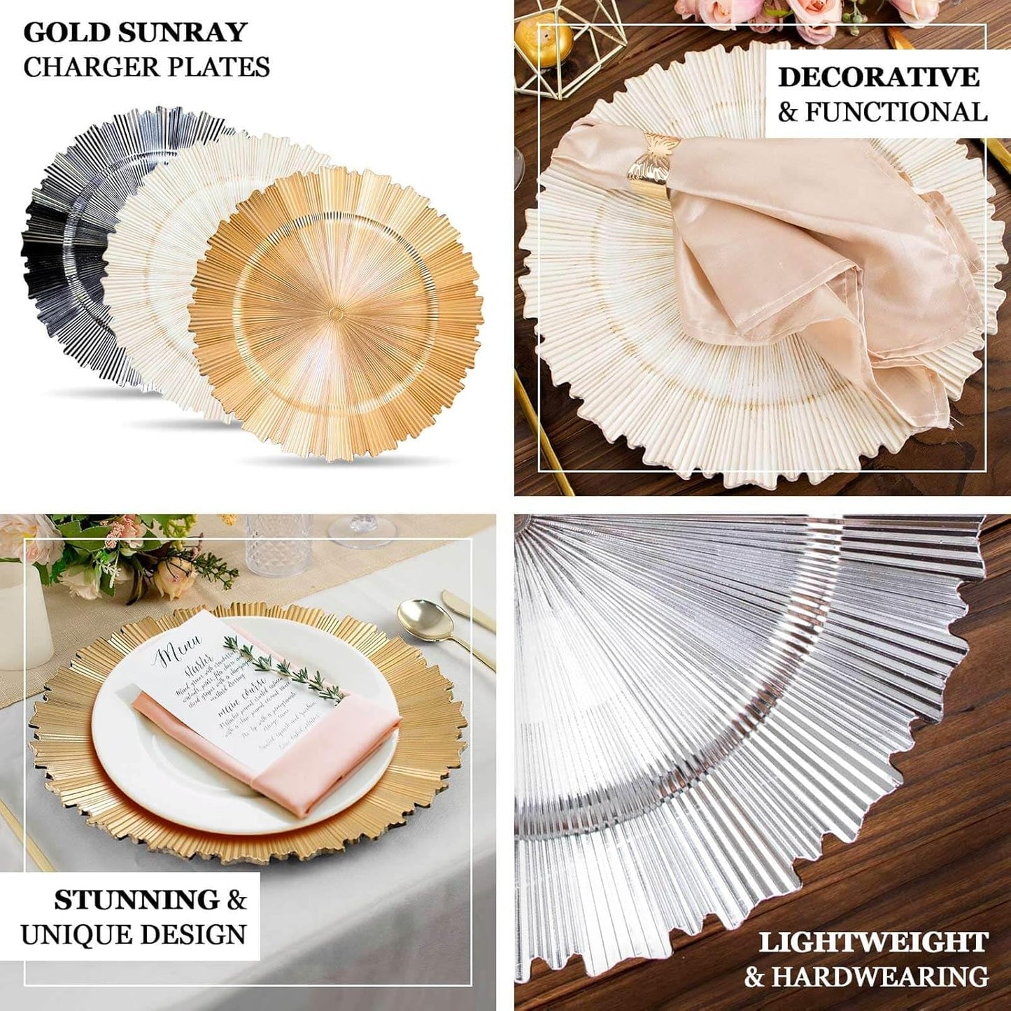 Efavormart 6 Pack | 13" Metallic Antique White Sunray Acrylic Plastic Serving Plates, Round Scalloped Rim Disposable Charger Plates
