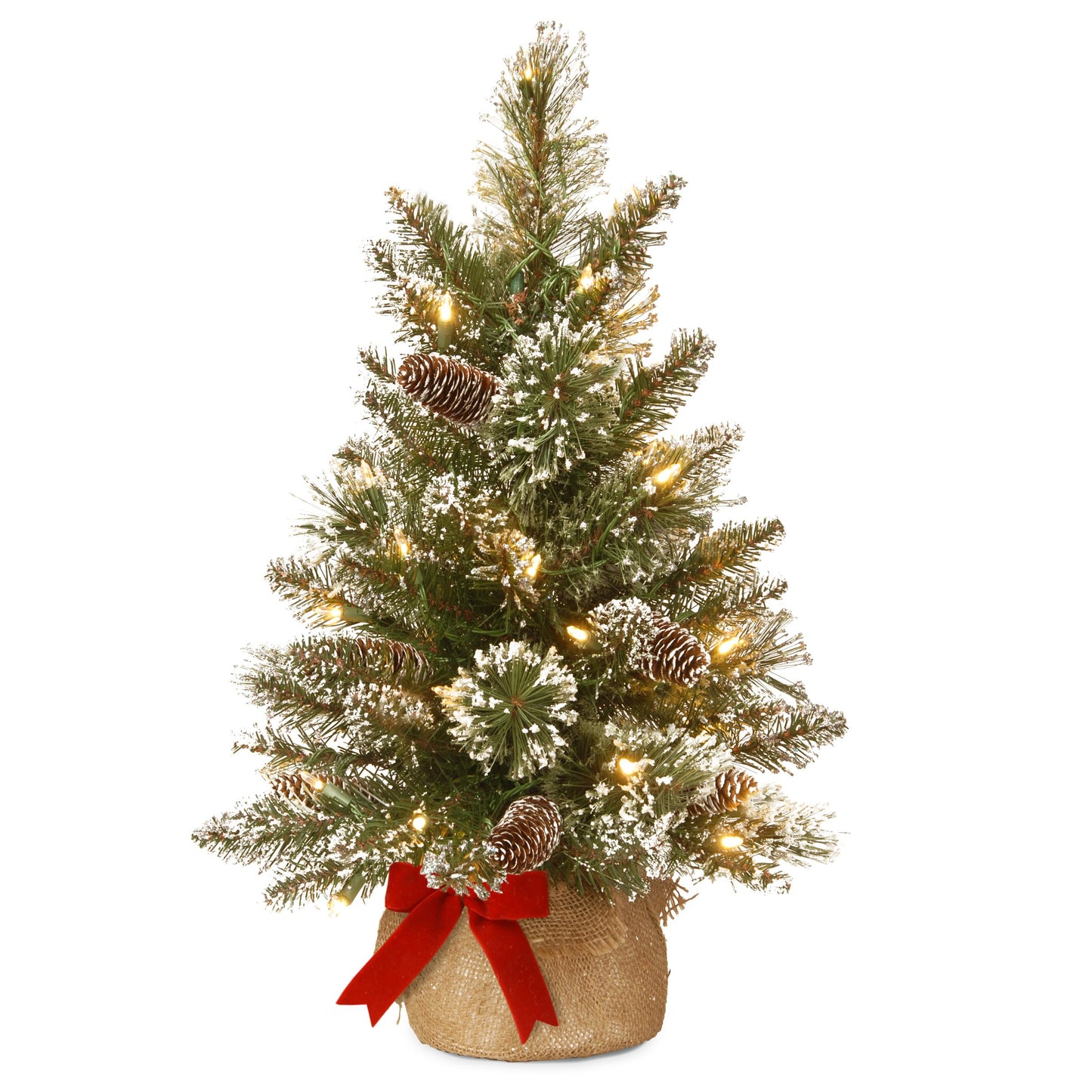 National Tree Company Pre-lit Artificial Mini Christmas Tree - Includes Small White LED Lights, White Tipped Cones, Glitter Branches Pine Cones and Cloth Bag Base - Glittery Bristle Pine - 2 ft