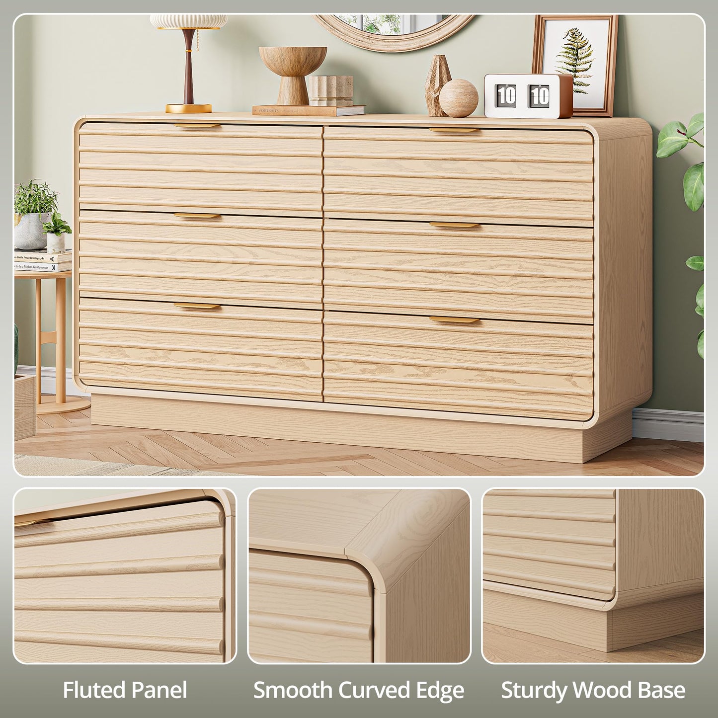 IRONCK 3 Pieces Dresser Bedroom Set, 6 Drawer Dresser and Nightstand Sets of 2 with Charging Station, Fluted Wood Chest of Drawers Wide Storage Cabinet Set, Natural