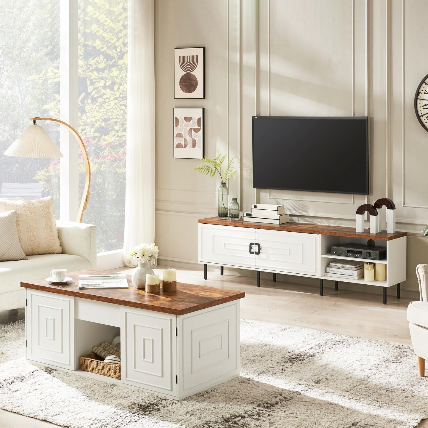 ONBRILL Lift Top Coffee Table with Storage, 48" Rustic Center Table with Hidden Storage Compartment and 2 Cabinet, White Coffee Table Converts to Dining Table for Living Room, Office
