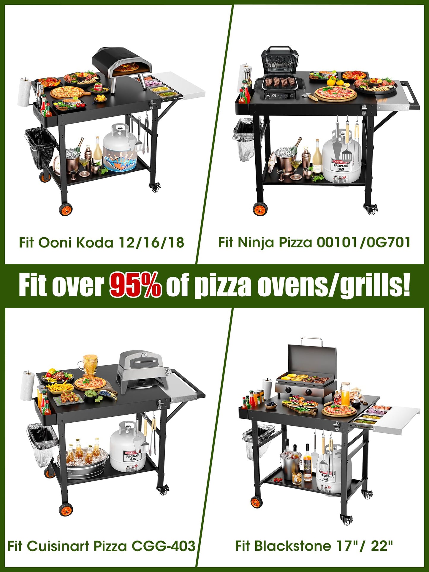 Outdoor Pizza Oven Table, Movable Grill Side Table, Expansive Countertop Pizzas Oven Accessories, Pizzas Stands for Party with Wheels, Fits Ooni Blackstone Ninja Cuisinart Gozney