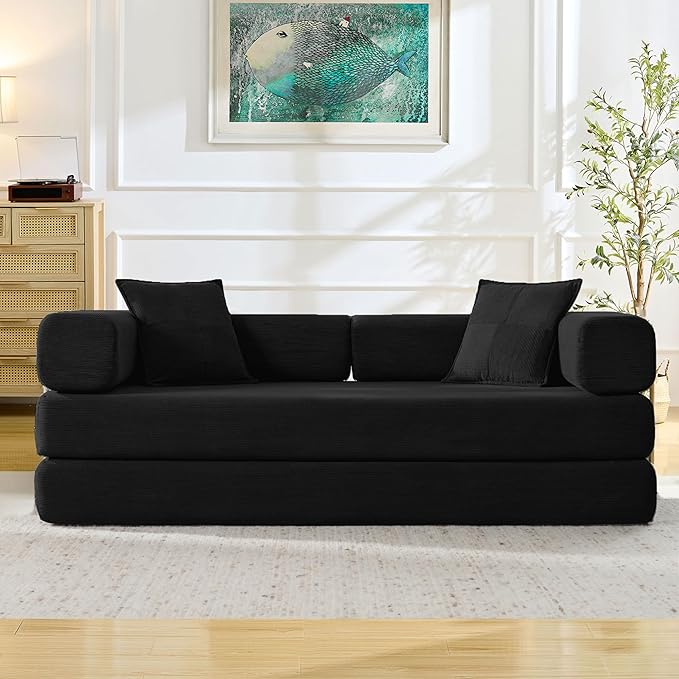 Convertible Couch Sofa Bed Foldable Floor Sleeper | Modern Fold Out Deep Seat Couch | Removable Backrest & Armrests | No Assembly Compression Sofa Sleeper for Living Room, Bedroom | Black Corduroy