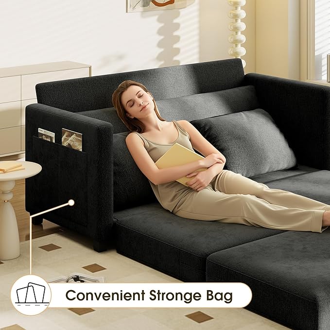 Myroyalsit 65" Convertible Loveseat Sofa Bed, 2-in-1 Folding Sofa Bed with 2 Pillow for Small Spaces, Modern Loveseat Sleeper Couch for Apartment, Living Room & Guest Room (Black Chenille, 65 inch)