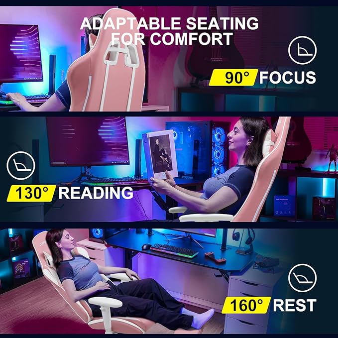 GTPLAYER Gaming Chair with Footrest, Ergonomic Computer Game Desk Chair, Reclining Game Chair Seat Height Adjustment, Swivel Rocker with Headrest and Lumbar (Pink)