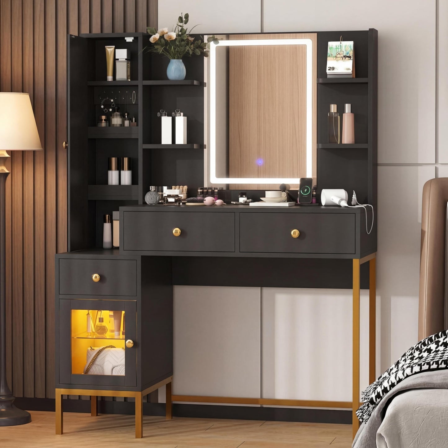 IDEALHOSUE Vanity Desk with Mirror and Lights, Makeup Vanity with Jewelry Storage, Cabinet, Drawers, Modern Makeup Desk with LED Lighting and Charging Station for Bedroom, Black