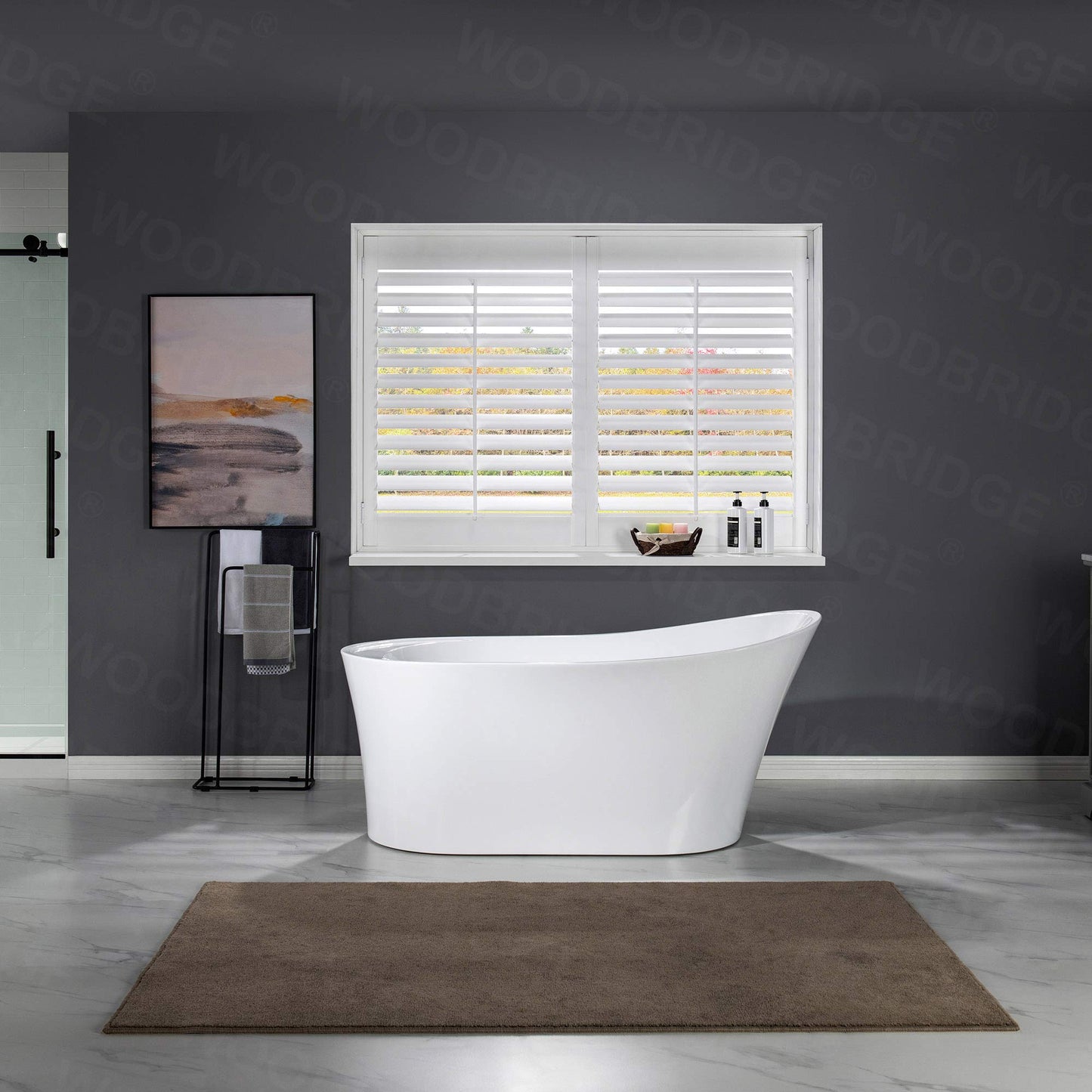 WOODBRIDGE 59" Acrylic Freestanding Bathtub Contemporary Soaking Tub with Matte Black Overflow and Drain B0083-MB-Drain &O,White