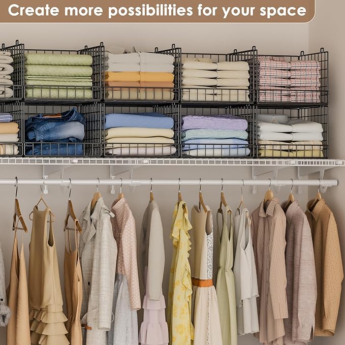 Stackable Closet Organizers and Storage Baskets, 4-Tier Closet Shelf Organizer for Small Space, Space-Saving Clothes Storage Drawer, Foldable Clothes Storage Bins for Closet Organizer System, Black
