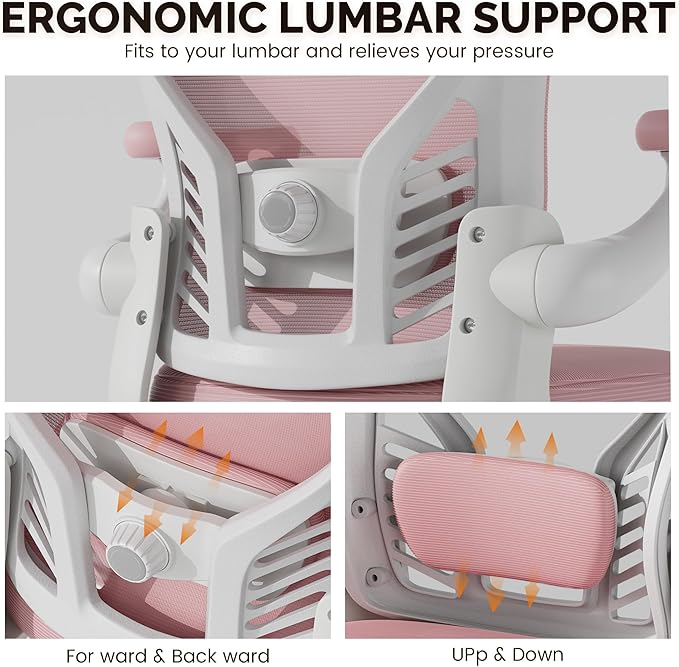 Ollega Computer Desk Chair with Wheels, Mesh Office Chair with Flip Up Arms, Adjustable Lumbar Support, Swivel Desk Chair Comfy, Pink