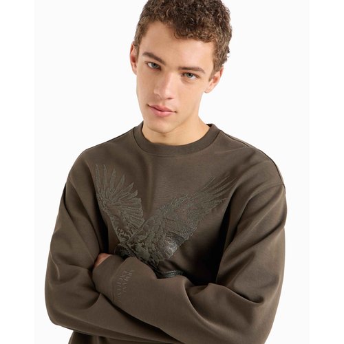 Armani Exchange Men's Embroidered Eagle Cotton Poly Interlock Fleece Sweatshirt, Black Olive, Medium