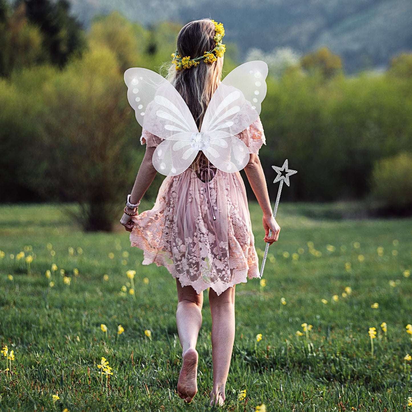 Sratte Fairy Princess Butterfly Wings Girls Kids Butterfly Costumes Set Star Wands Adults Christmas Birthday Party(White, Silver)