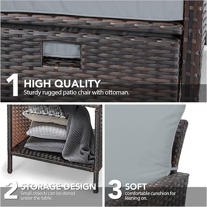 LEVELEVE Balcony Furniture 5 Piece Patio Conversation Set, PE Wicker Rattan Outdoor Lounge Chairs with Soft Cushions 2 Ottoman&Glass Table for Porch, Lawn-Brown Wicker