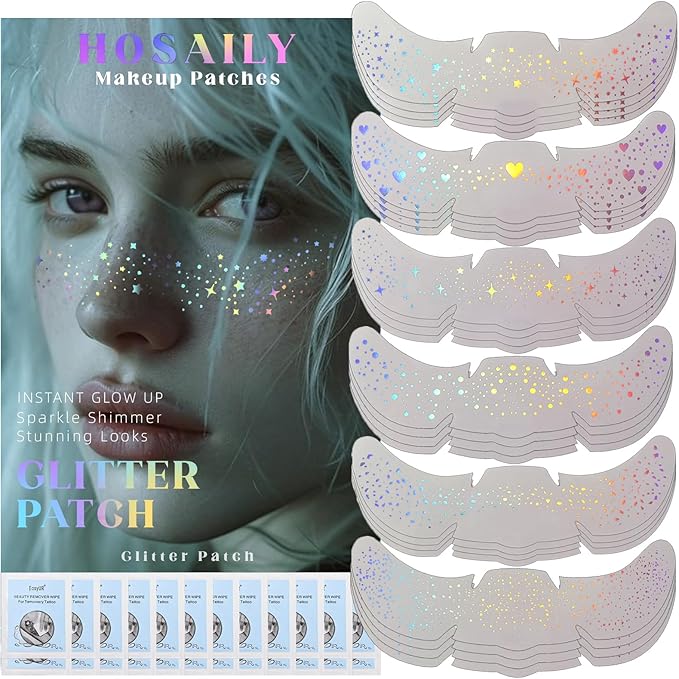 HOSAILY 24 pcs Holographic Multichrome Glitter Freckles Face Tattoo, Waterproof Sparkle Face Glitter Speckles Patches for ...