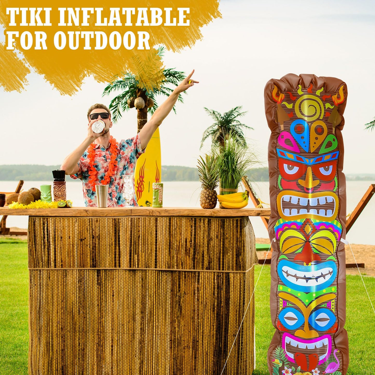 Shappy 5 ft Inflatable Tiki Decoration Outdoor Luau Hawaiian Inflatable Tiki Totem Flamingo Built-in LED Lights Blow up Luau Decor for Summer Beach Tropical Pool Yard Hawaiian Aloha Party Supplies