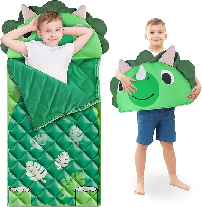 iPlay, iLearn Kid Sleeping Bag, Dinosaur Slumber Sack, Toddler Boy Nap Mat, 2 in 1 Green Dinos Cushion Blanket, Happy Trav...