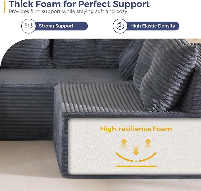 MAXYOYO 132" Oversize Modular Sectional Couch with L-Shape Chaise, Modern Boneless Couch for Living Room, Sofa in A Box, Oversized Sofa Sleeper with Deep Seat, No Assembly Required, Dark Grey