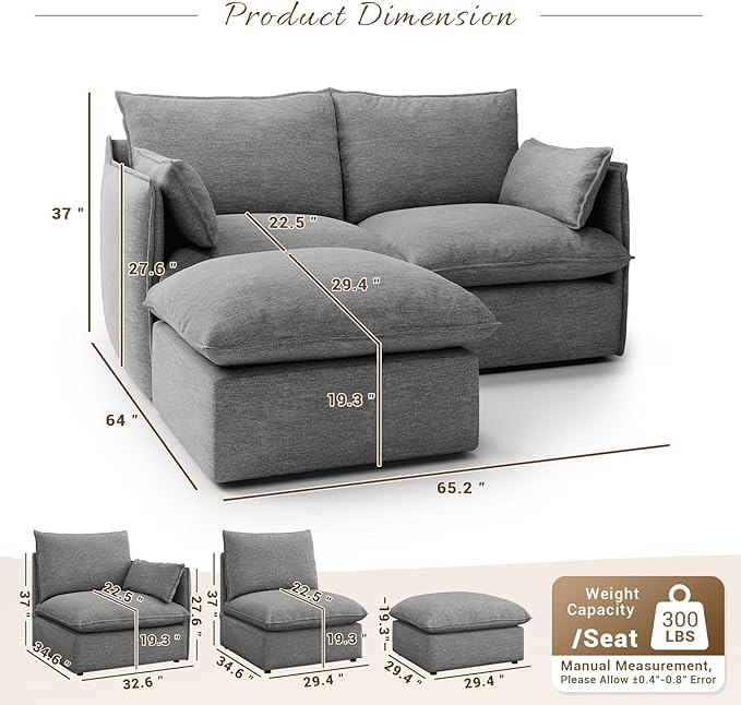 Forest aesthetics Cloud Modular Sectional,Waterproof High Backrest Loveseat Sectional Sofas,Down Filled Modular Couch with Removable Washable Cover for Living Room,Dark Gray