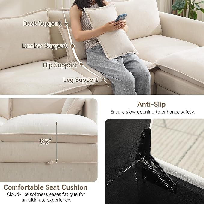 55" Cloud Modern Loveseat Sofa with Storage, Sectional Modula Small Sofa Love Seat Couch，Chenille 2 Seater Comfy Couch with Armrests for Living Room, Small Space, Beige