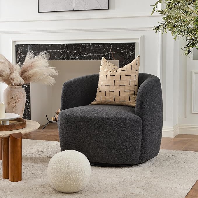 KINWELL 34" Wide Boucle Swivel Barrel Chair, No Assembly Round Upholstered Armchair Accent Chair Single Sofa Chair with Toss Pillow for Living Room and Bedroom, Dark Grey