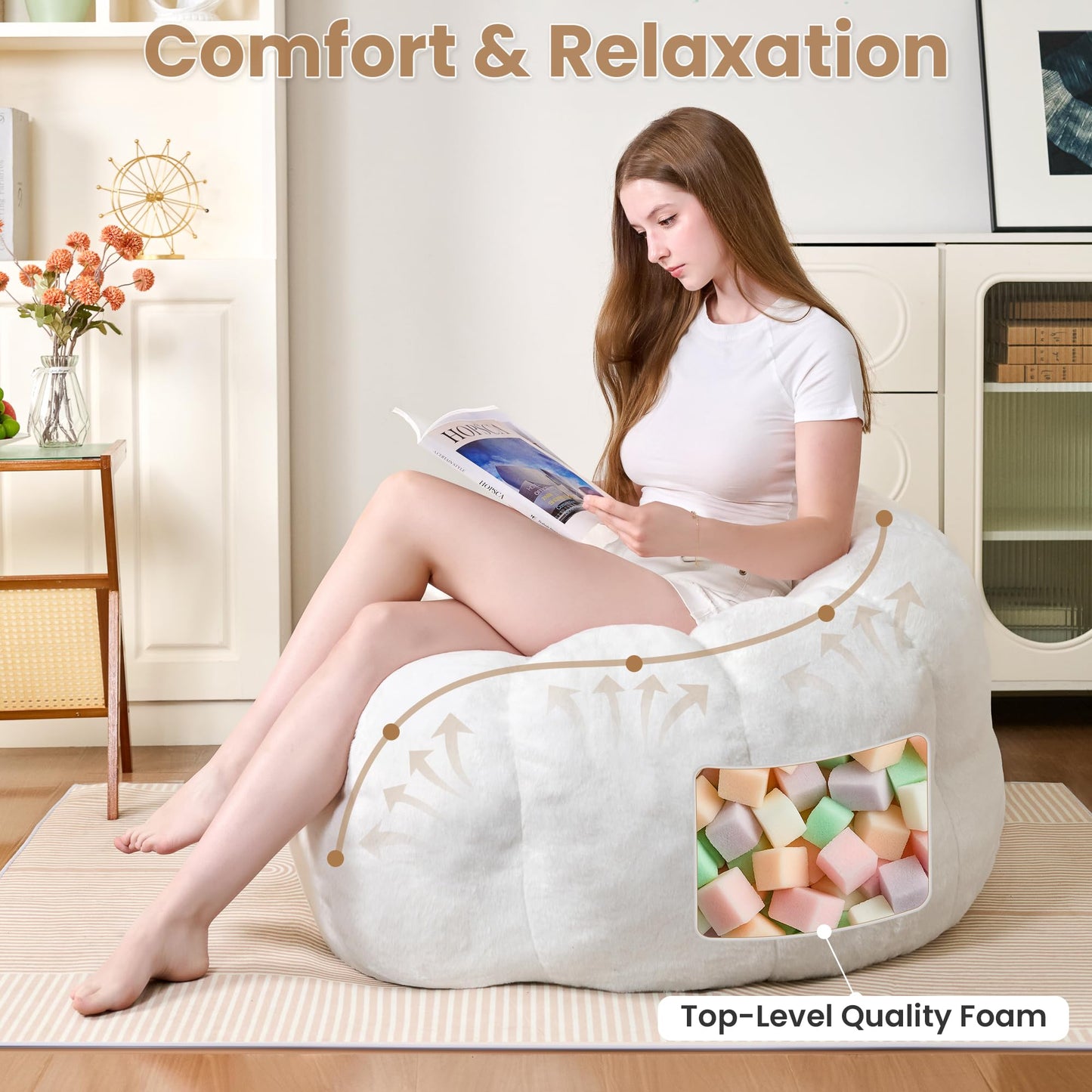 LinkRomat Bean Bag Chairs for Adults, Faux Fur Reading Chair with Petal Arm Rest Fluffy Comfy Chair for Bedroom, Living Room, Dorm, Game - White, Large, Low Support