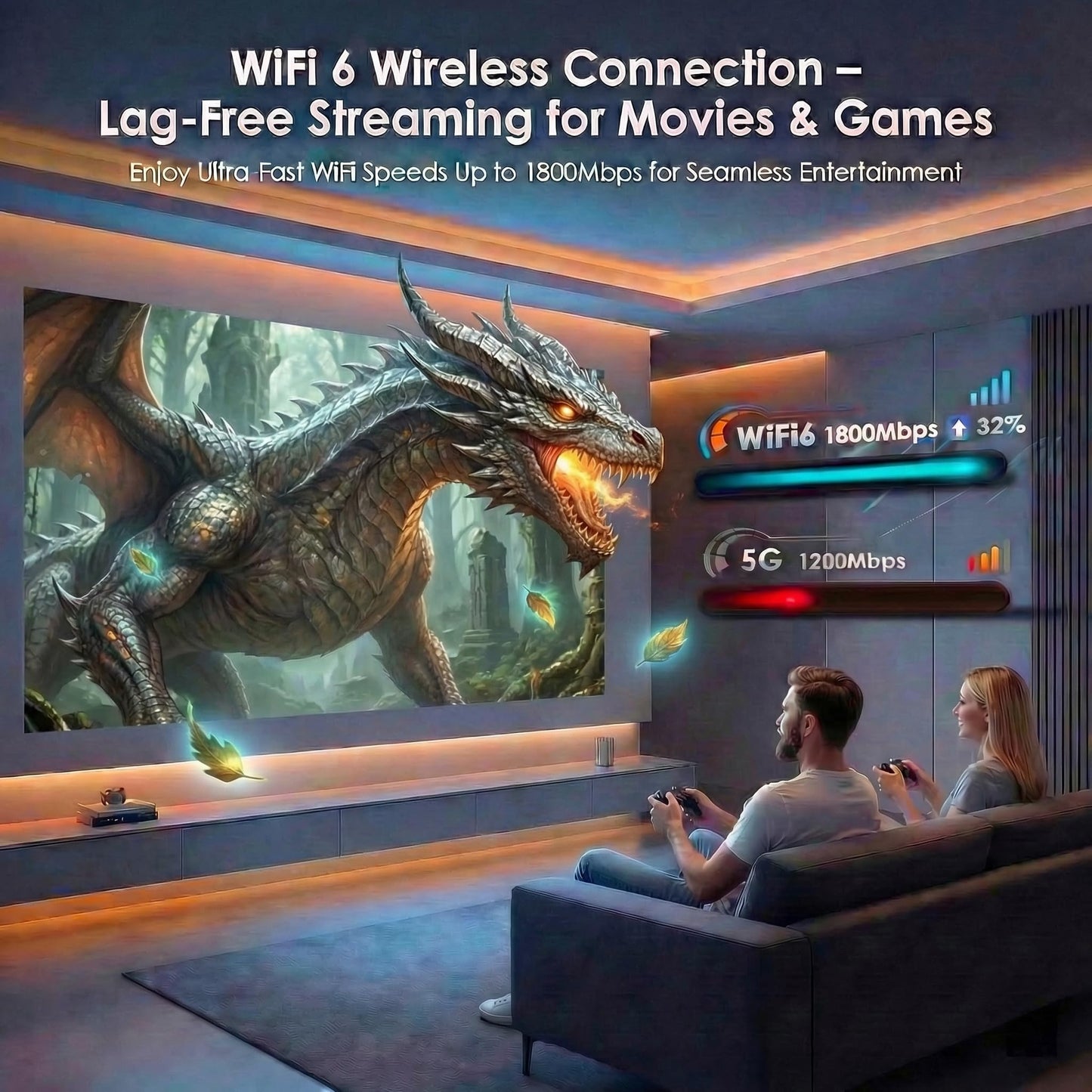 Geekman 4K Projector with WiFi and Bluetooth, Up to 450 Inch Giant Screen, Auto Focus and Auto Keystone Correction, Dolby Audio Home Theater and Outdoor Movie Projector