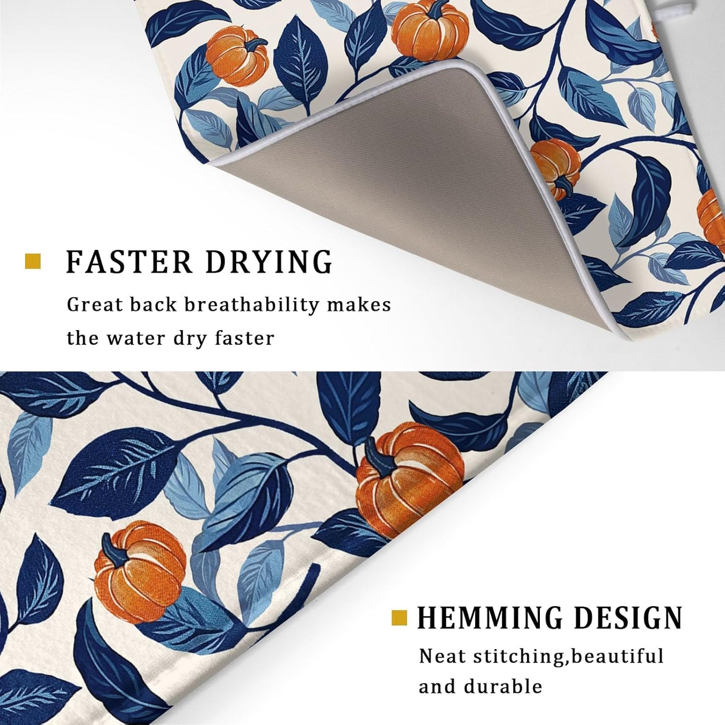 Autumn Pumpkin Dish Drying Mat for Kitchen Counter 18x24 Inch Blue and Orange Fall Thanksgiving Leaf Absorbent Reversible Microfiber Dish Drainer Rack Mats Countertops Protector Mat