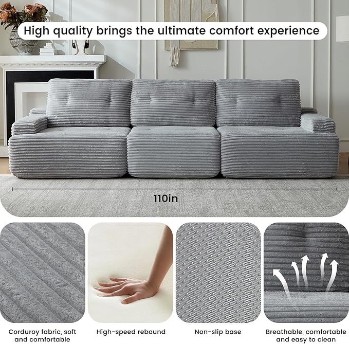 110" Boneless sectional Couch for Living Room,Convertible L-Shape Couches with Ottoman, Cloud Modular Sofa with Deep Seat for Bedroom, Cloud Corduroy, No Assembly,Grey