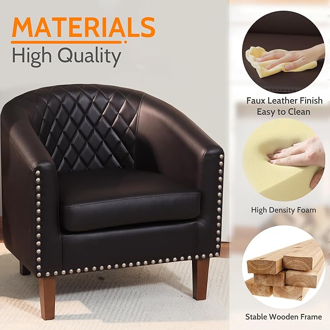 PrimeZone Barrel Chair, Comfy Accent Chair, Faux Leather Living Room Chairs Club Chairs with Cushion, Nailhead Trim and Diamond Mesh Backrest, Reading Chairs for Bedroom Waiting Room, 4PCS, Brown