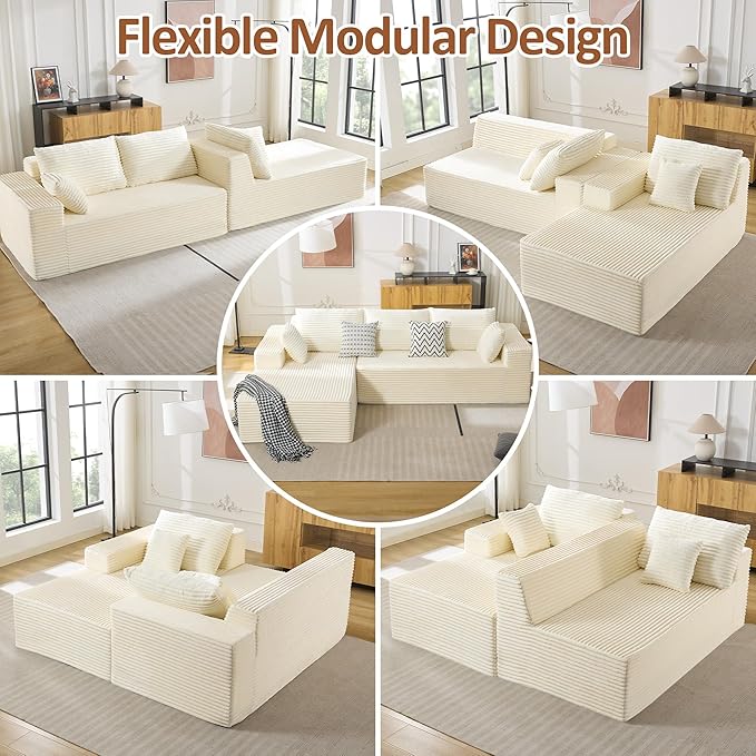 WUTUTUEE 110" Boneless Sectional Couch with Chaise Lounge, Cloud Couch Compressed Sofa L Shape, No Assembly Memory Foam Sofa for Living Room, White Corduroy