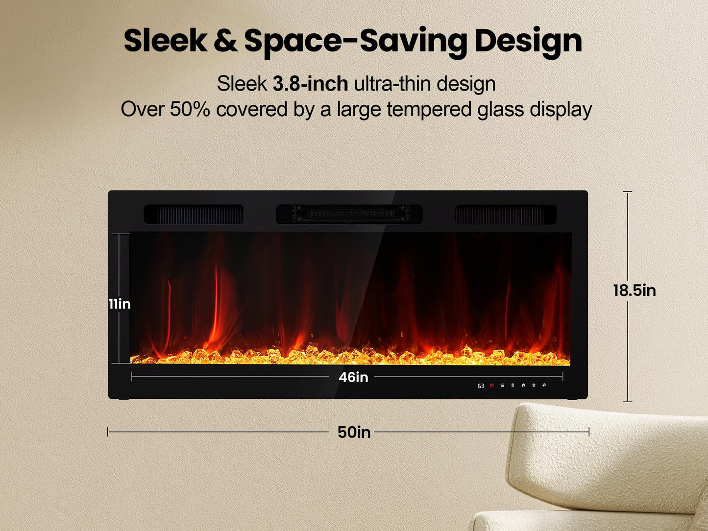 Electric Fireplace 50 Inch Wall Mount Insert Fireplaces Realsmart 1500W,Fit for 2 X 6 stub,Ultra-Thin Heater Ultra-Thin with 3 Heating Modes Timer 12 Adjustable Flame Colors Touch Remote Control