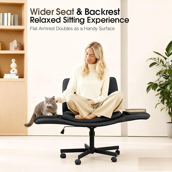 SunSettler Criss Cross Chair with Armrests & Wheels, Comfortable Adjustable Swivel Office Desk Chairs, PU Leather Vanity Chair for Make Up, Home, Bed Room, Gaming, Meditation (Black)