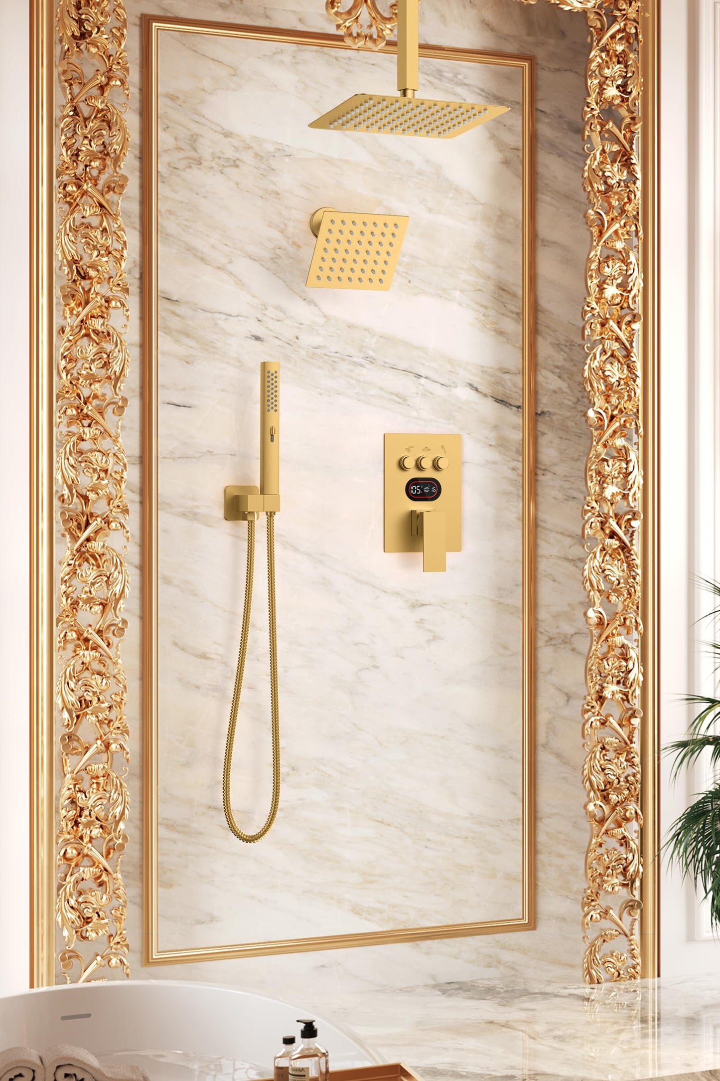 Push Button Diverter Shower Faucet Set Hydro Power Temperature Display, Shower System Ceiling Mounted 10" & Wall Mounted 6" Shower Head with 3-Spary Handheld, Brushed Gold