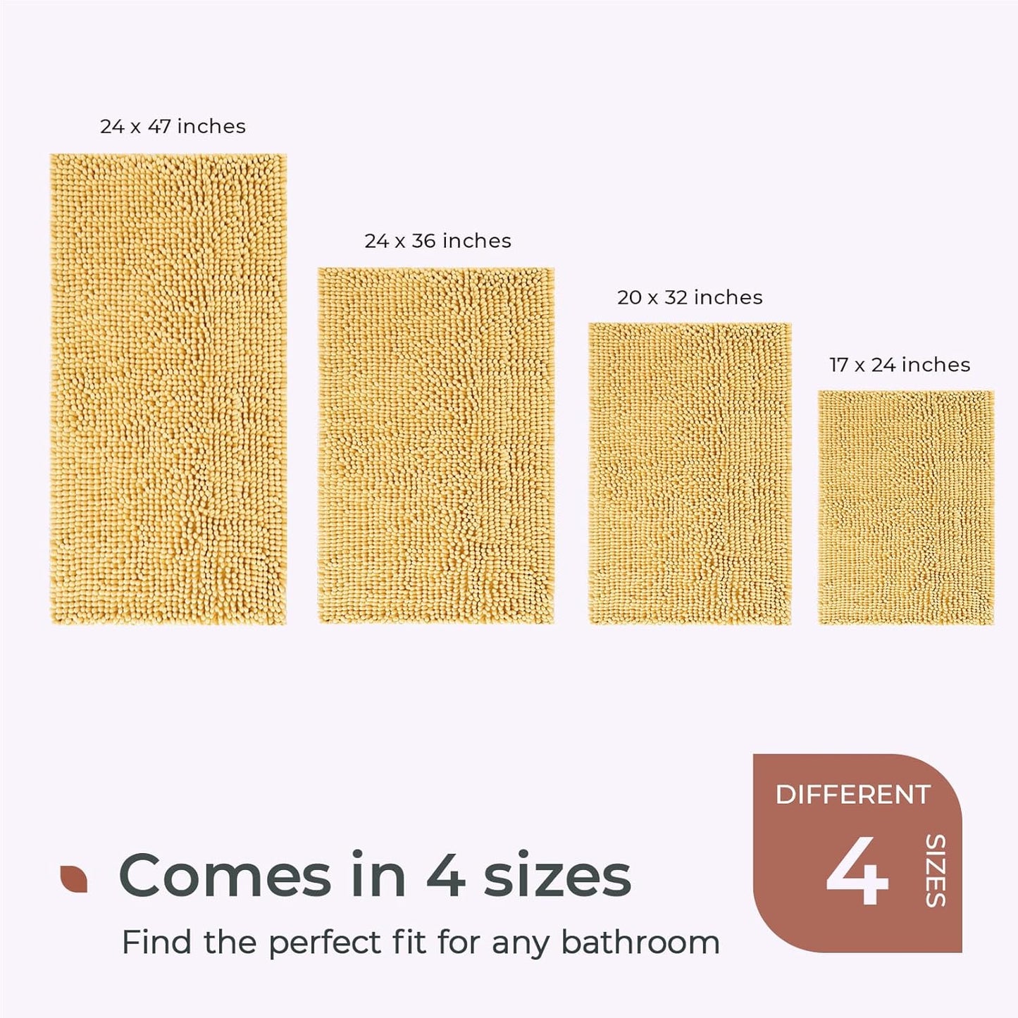 FRESHMINT Chenille Bathroom Rugs Mat 32”x20”, Non-Slip Bath Mat for Bathroom Floor & Bathtub, Washable Soft Shower Shag Bath Rugs, Durable Fluffy Thick Water Absorbent Microfiber Shower Mat, Yellow