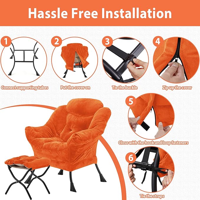 Youtanic Lazy Chair with Folding Ottoman, Accent Chair Plush Upholstered with Metal Structure and Non-Slip Pads, Sofa Armchair with Footrest and Side Storage Bag for Dorm, Room, Office, Orange
