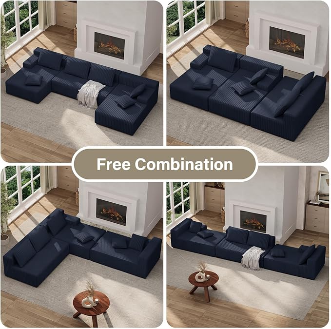 LAUSAINT HOME 132" Modular Sectional Sofa Couches, U-Shaped Boneless Cloud Sofa with 4 Deep Seat, 6 Cushiones Oversized Chaise for Living Room, Bedroom, Plush Corduroy Fabric (U Shaped,Navy Blue)