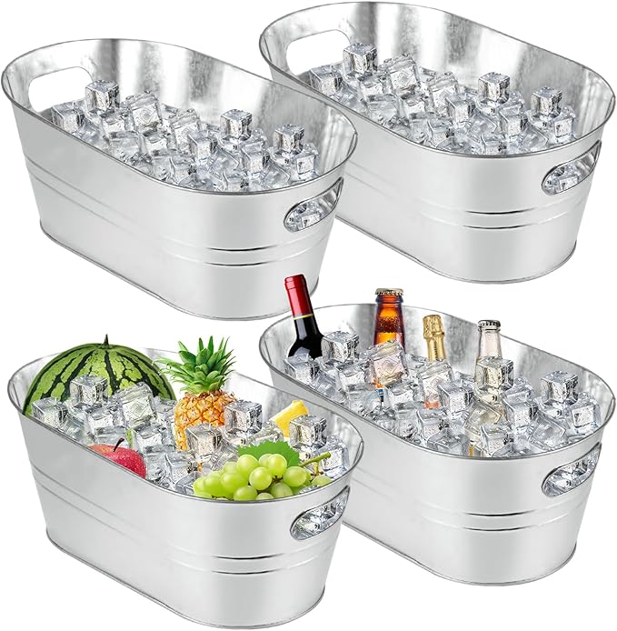 MIVIDE 4 Pack Galvanized Tub 3.3 Gallon Ice Bucket Large Metal Champagne Drink Bucket with Handles Galvanized Ice Buckets ...