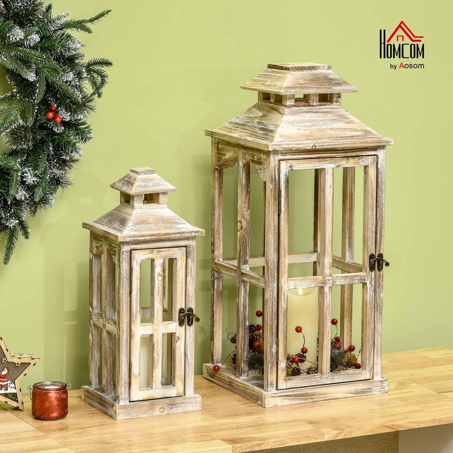 HOMCOM 2 Pack 28"/20" Large Rustic Wooden Lantern Decorative, Indoor/Outdoor Lantern for Home Décor (No Glass), Natural