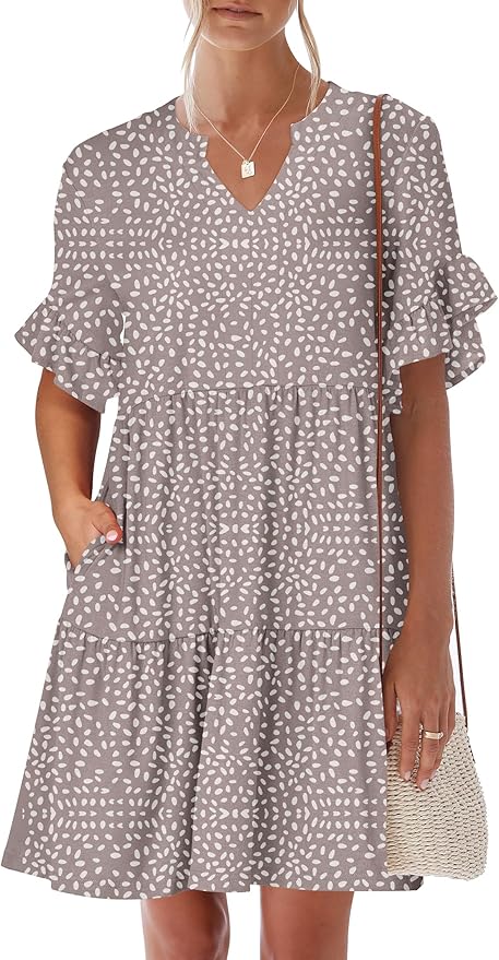 ANRABESS Womens Summer 2026 Trendy Ruffle Short Sleeve V Neck A Line Tiered Flowy Loose Casual Mini Beach Dress with Pockets