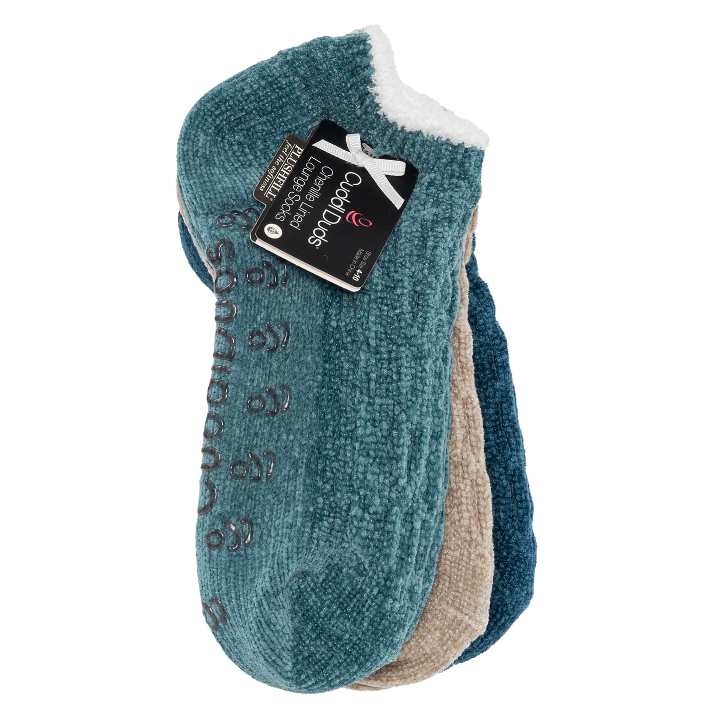 Cuddl Duds Women Cozy Lined Super Soft 3 Pair Pack Low Cut with Grippers Lounge Socks, Green