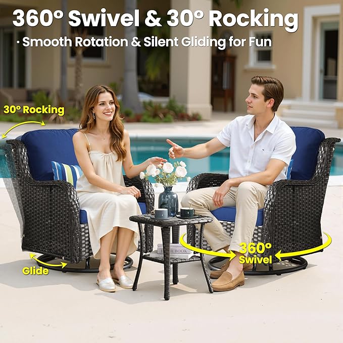 ovios 6 Pieces Patio Furniture Set, Outdoor Wicker Sofa Couch with Swivel Chairs Ottomans Comfy Cushions, High Back Modern All Weather Conversation Sets, Brown Rattan, Navy Blue