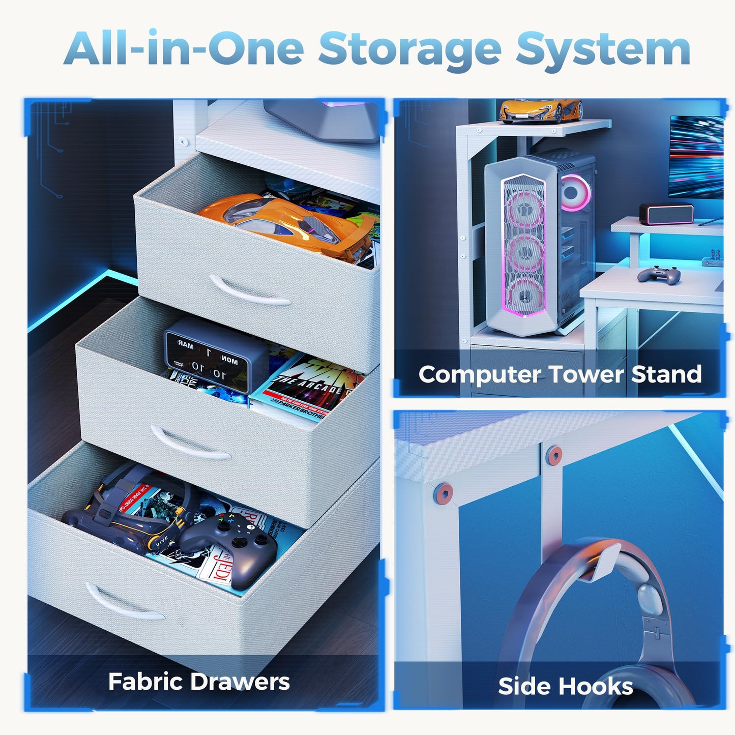 DUMOS L Shaped Gaming Desk with Shelves Storage Drawers 52'', White Computer Desks with LED Lights Power Outlets, Office Wood Table with PC Stand Cable Management for Bedroom Dual Monitor Streaming