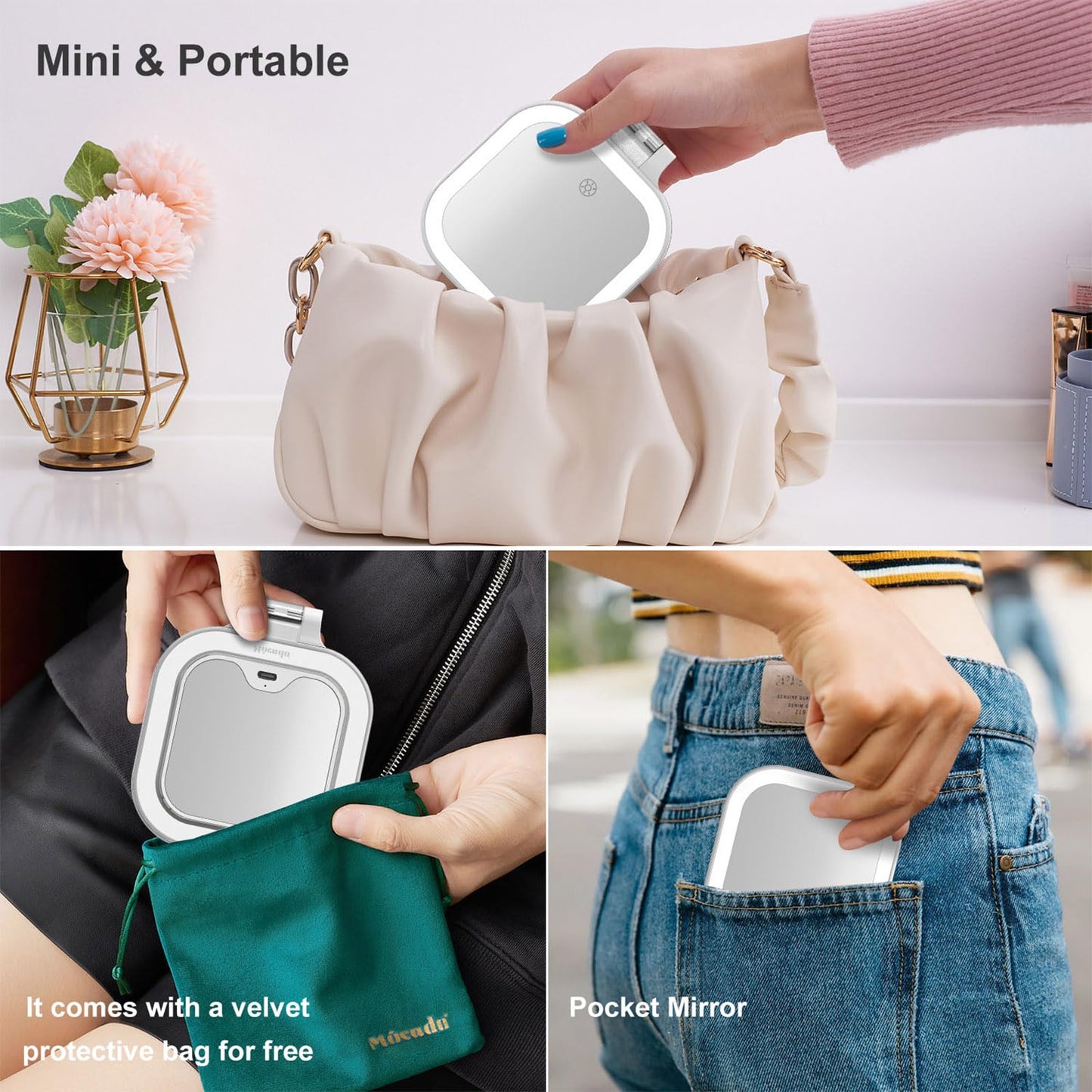Mocado Compact Travel Makeup Mirror, 1X/30X Magnifying Mirror with Light, Double Sides Compact Mirror with 3 Color Light, Dimmab