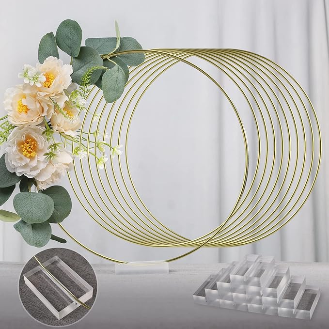 YALLOVE 10 PCS 12 Inch Floral Hoop Table Centerpiece, Metal Wreath Ring Stand with Crystal Clear Acrylic Base for Balloon ...