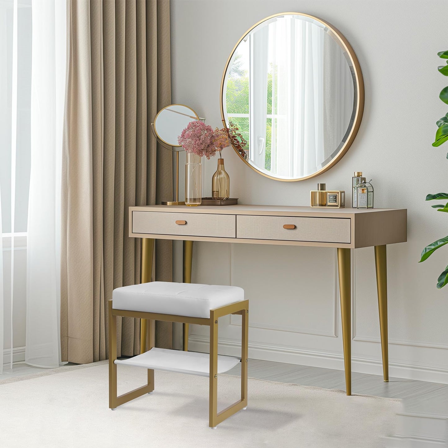 FrexCheng Vanity Stool, Faux Leather Vanity Chair Stool for Dressing Table, Modern Gold Metal Footstool Ottoman for Bedroom & Living Room, White & Gold