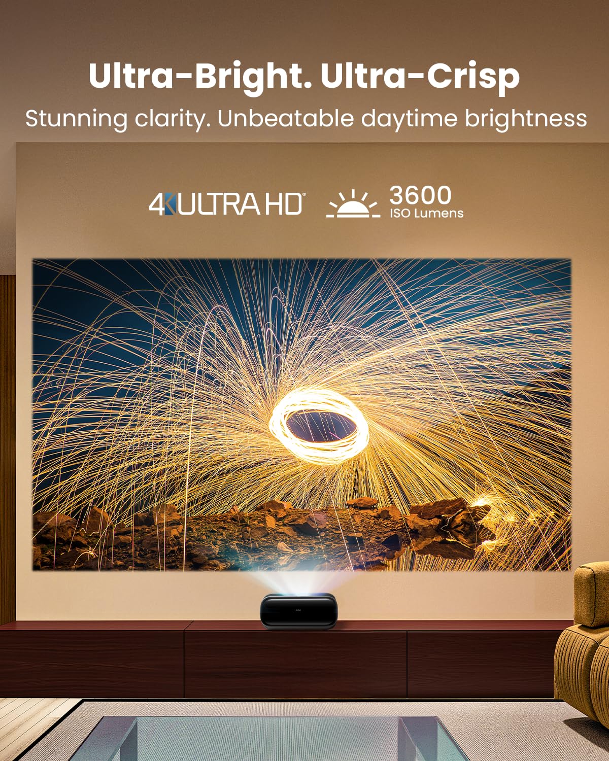 JMGO O2S Ultra UHD 4K Ultra Short Throw Projector, 3600 ISO Lumen Triple Laser Projector, Dolby Vision, 20W Dynaudio Integrated Speakers, Google TV, Dolby Atoms, DTS-X.