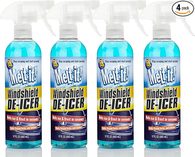 E·Z·R Melt it! Windshield De-Icer. Instantly Melts Ice & Winter Frost for Car Windshields, Windows, Mirrors, Key Locks, & Latches, Snow Melting Defrost Liquid for Car Window Cleaner, 17 Fl Oz 4-Pack