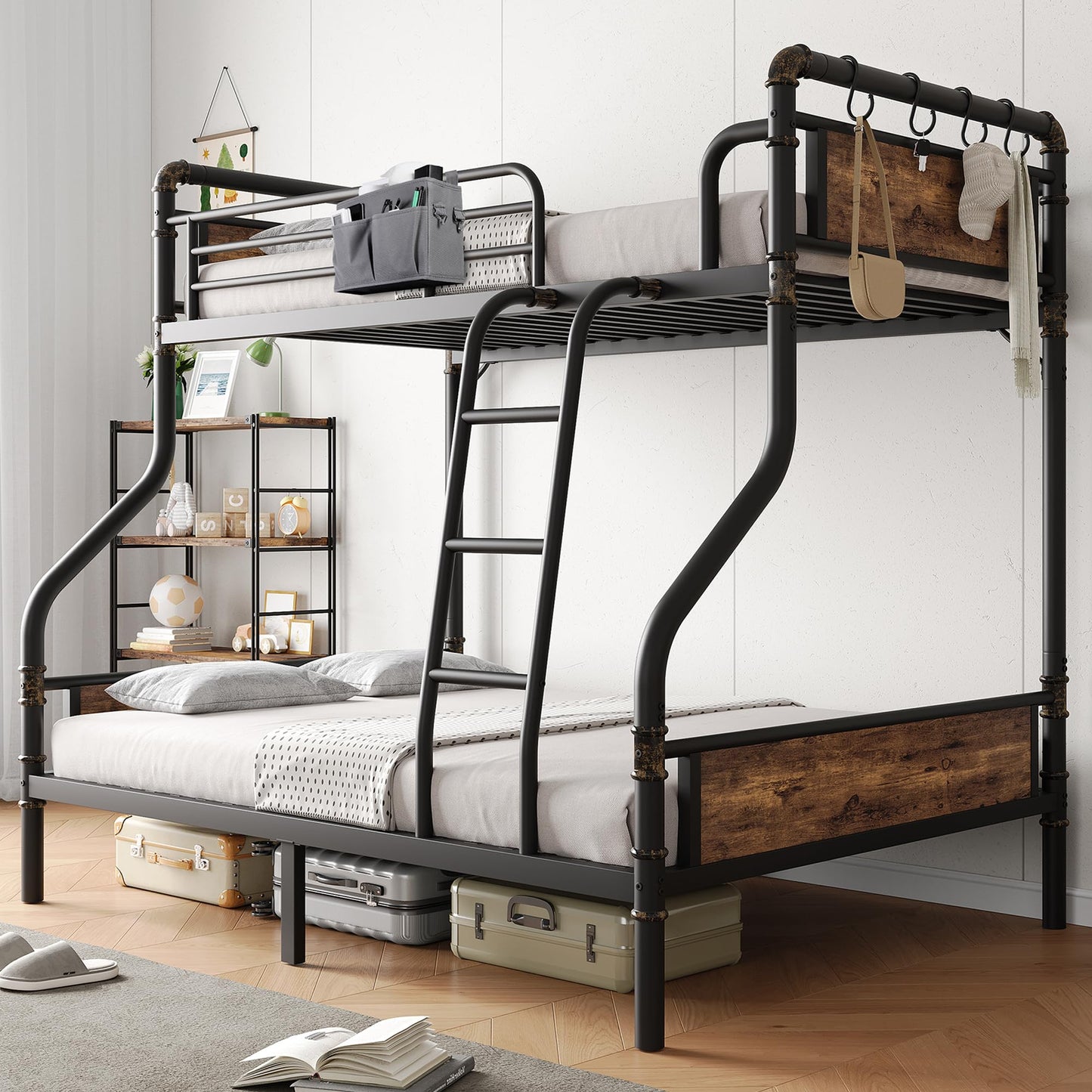 Bunk Bed Twin Over Full, Heavy Duty Metal Bunkbeds with Ladder and Full-Length Guardrail, Convertible into 2 Individual Beds for Kids, Teens and Adults, Under-Bed Storage Space, Vintage Brown